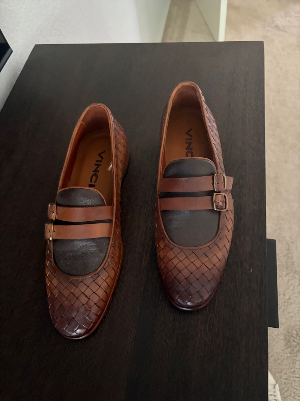 Vince Brown Woven Leather Double-Strap Loafers With Dark Apron Size 40